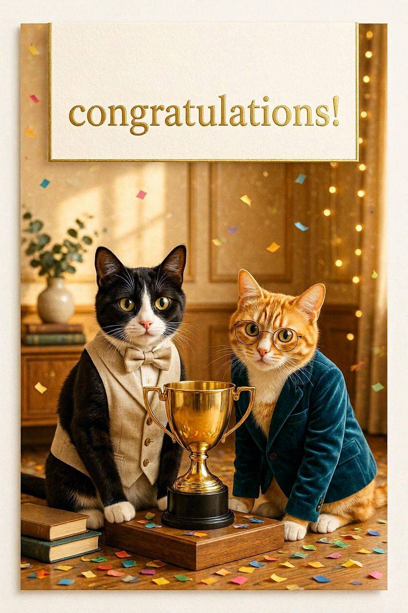 Two Cats Golden Cup — Congratulations card design
